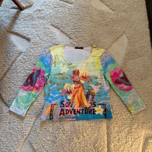 VTG Y2K Mechant Graphic Mesh Top South Sea Adventure Tropical Hula Girl